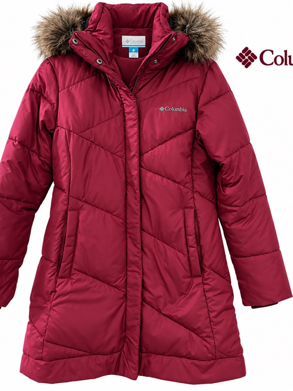 Columbia Girls' Red Quilted Puffer Coat with Faux Fur Trim